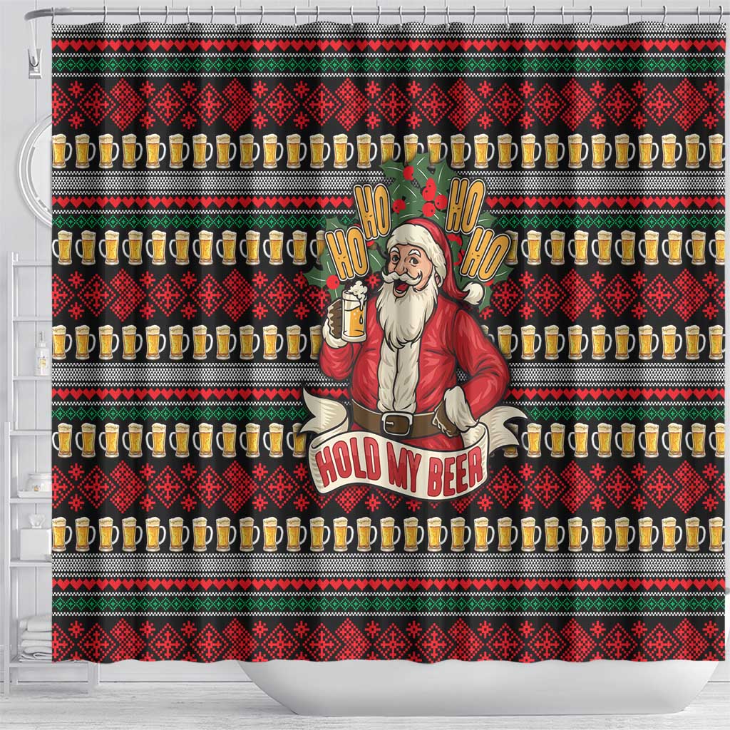Santa Hold My Beer Christmas Shower Curtain with Beer Mugs and Holiday Pattern - Wonder Print Shop