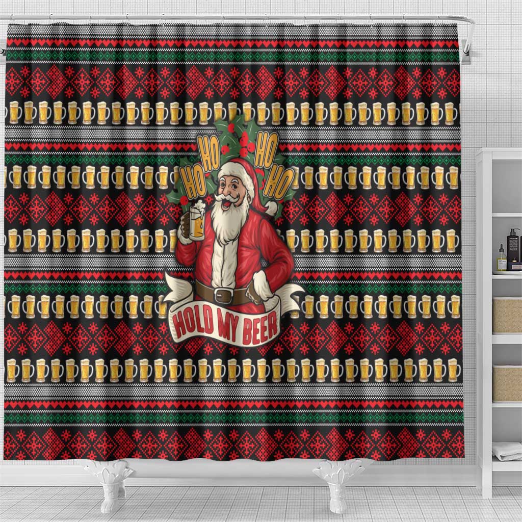 Santa Hold My Beer Christmas Shower Curtain with Beer Mugs and Holiday Pattern - Wonder Print Shop