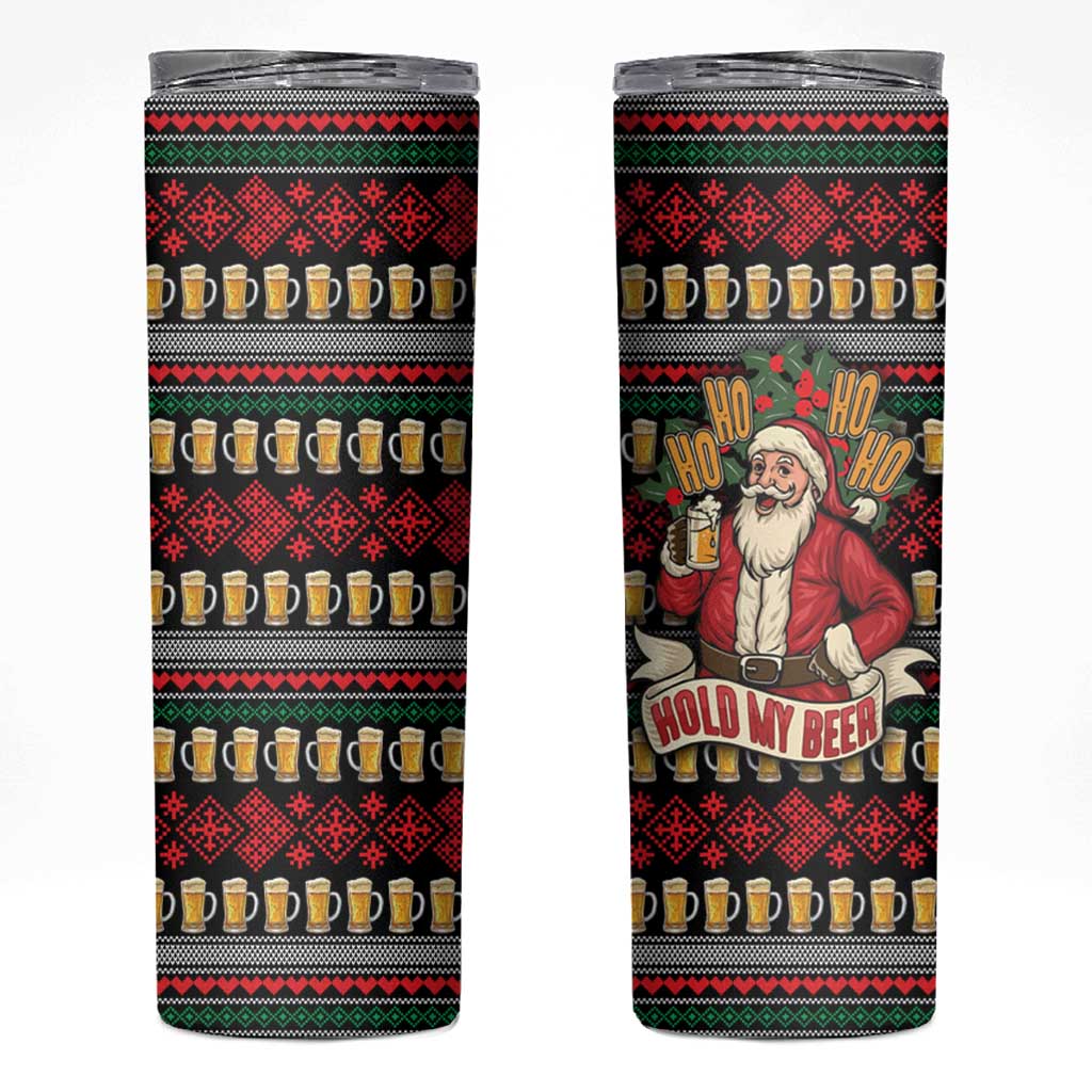 Santa Hold My Beer Christmas Skinny Tumbler with Beer Mugs and Holiday Pattern - Wonder Print Shop