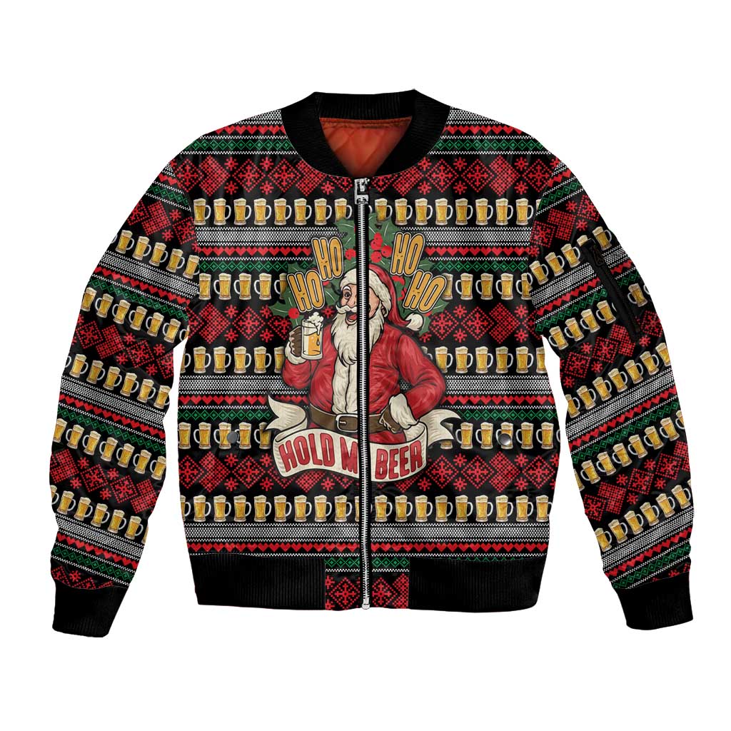 Santa Hold My Beer Christmas Sleeve Zip Bomber Jacket with Beer Mugs and Holiday Pattern - Wonder Print Shop
