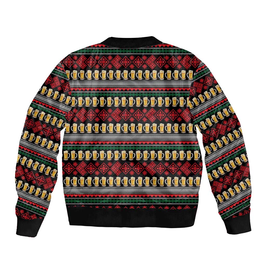 Santa Hold My Beer Christmas Sleeve Zip Bomber Jacket with Beer Mugs and Holiday Pattern - Wonder Print Shop
