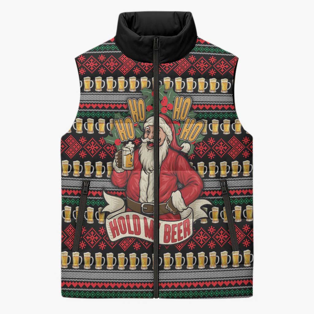 Santa Hold My Beer Christmas Sleeveless Puffer Jacket with Beer Mugs and Holiday Pattern - Wonder Print Shop