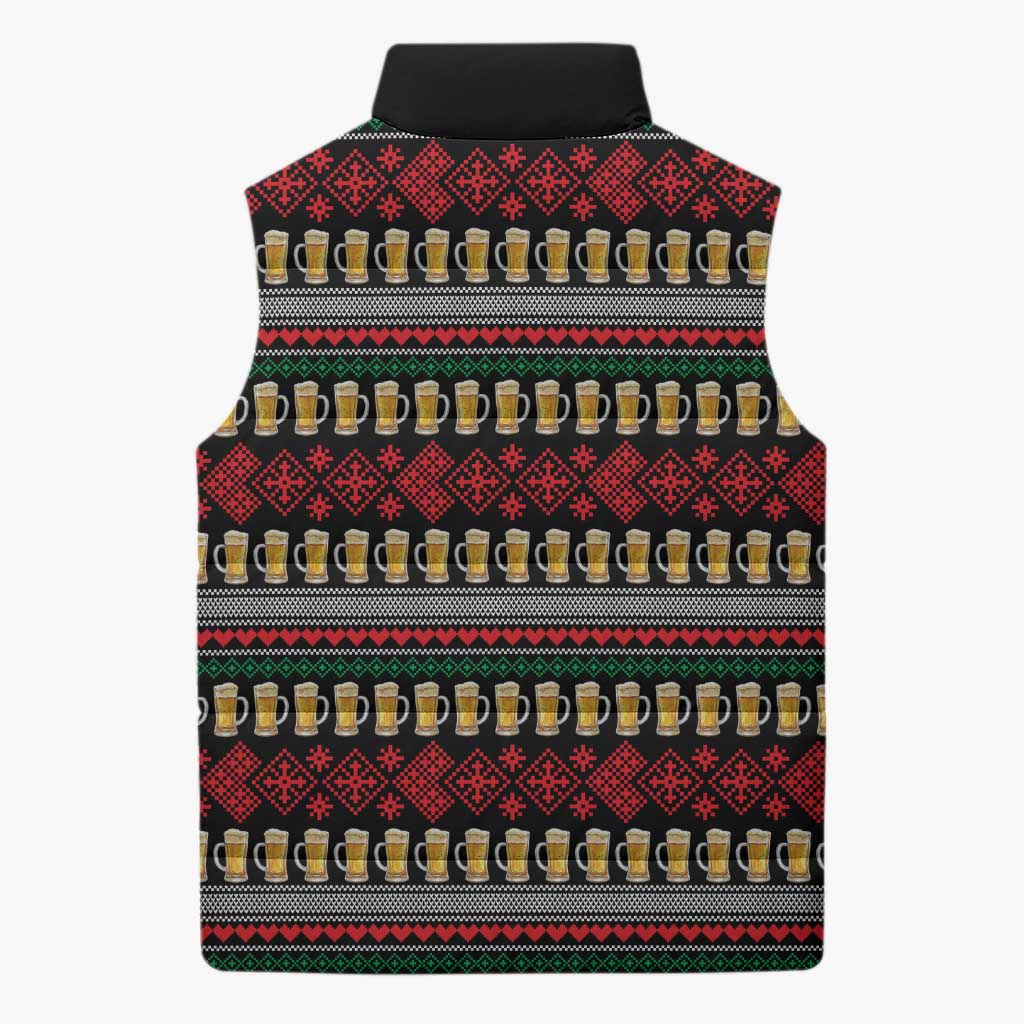 Santa Hold My Beer Christmas Sleeveless Puffer Jacket with Beer Mugs and Holiday Pattern - Wonder Print Shop