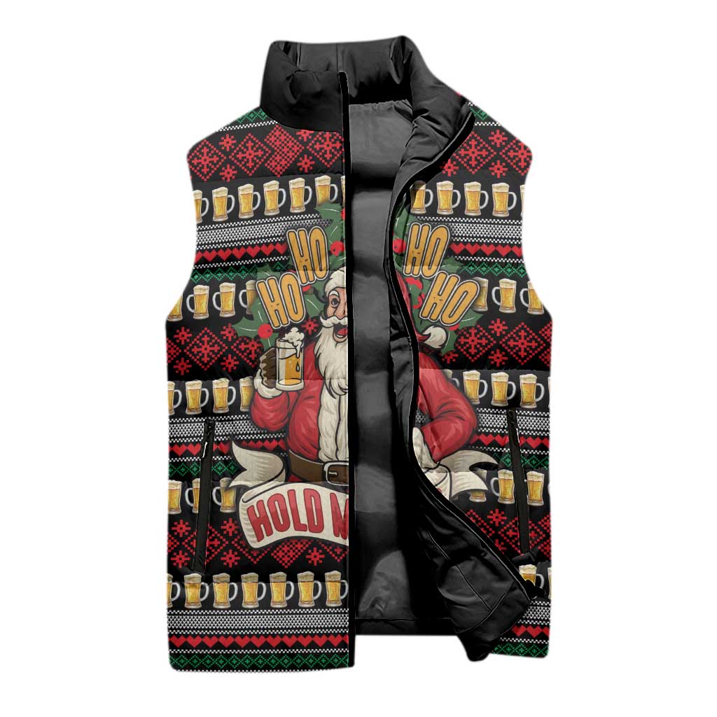 Santa Hold My Beer Christmas Sleeveless Puffer Jacket with Beer Mugs and Holiday Pattern - Wonder Print Shop