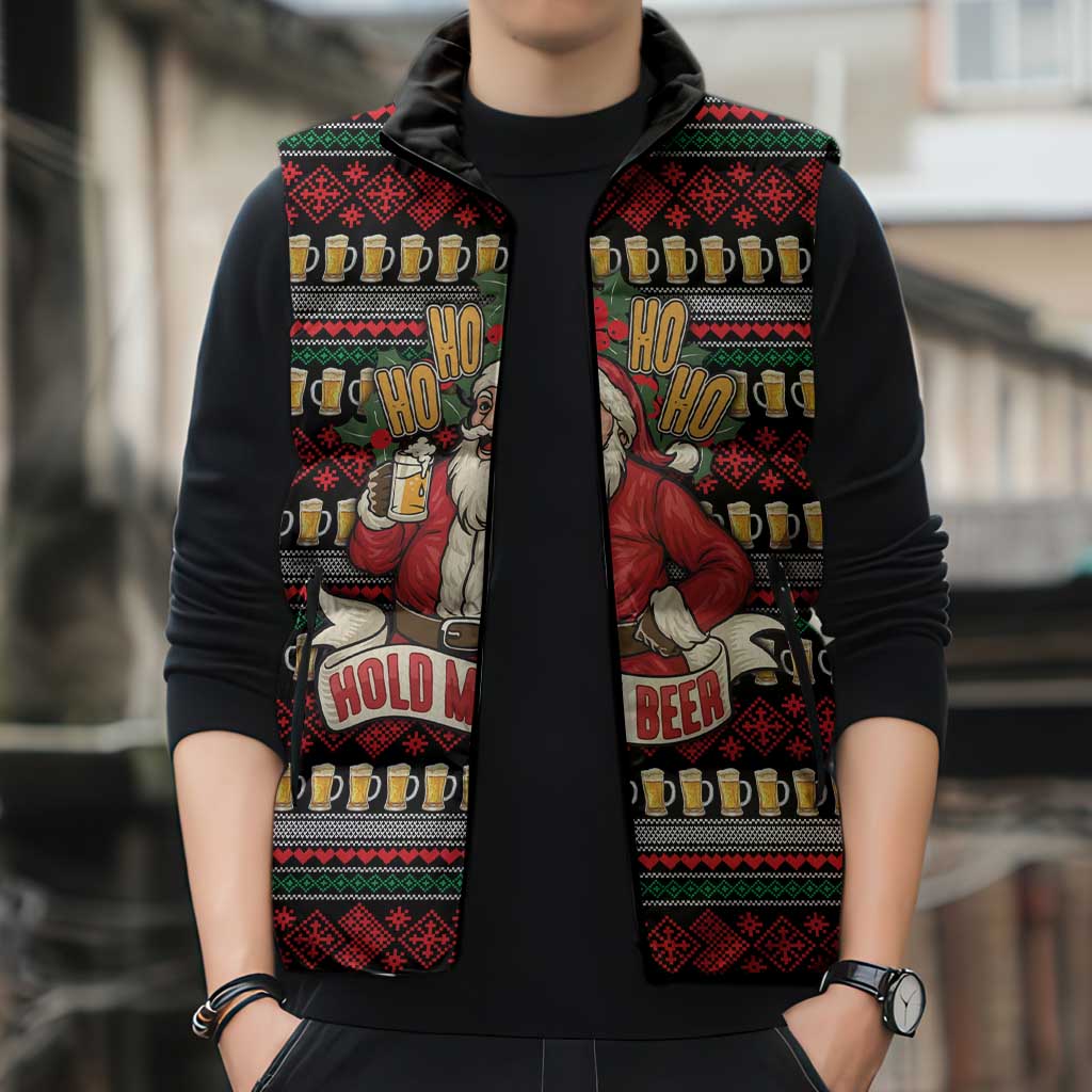 Santa Hold My Beer Christmas Sleeveless Puffer Jacket with Beer Mugs and Holiday Pattern - Wonder Print Shop