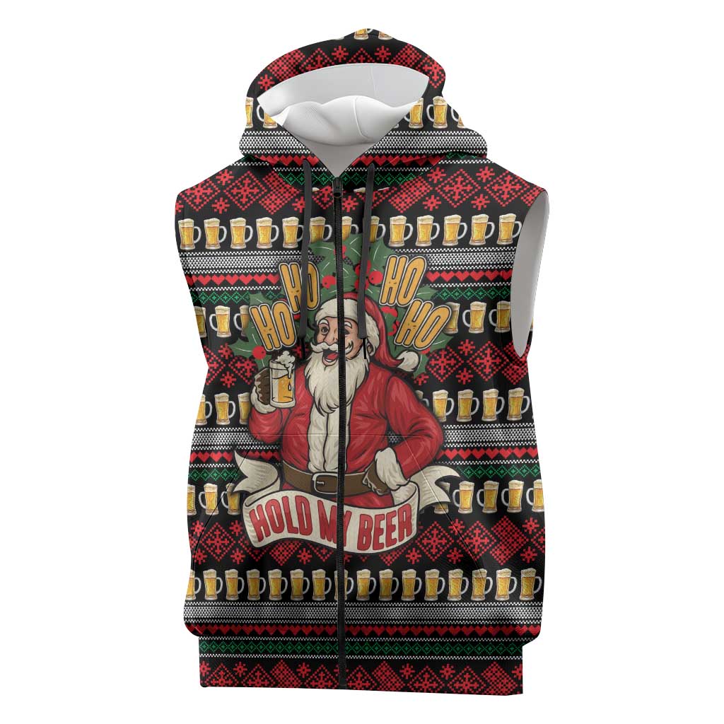 Santa Hold My Beer Christmas Sleeveless Zip Hoodie with Beer Mugs and Holiday Pattern - Wonder Print Shop