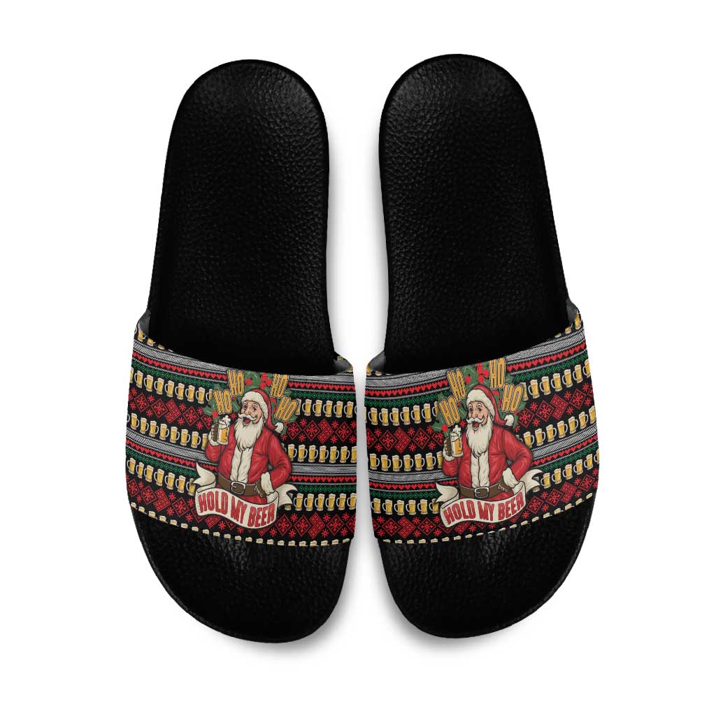 Santa Hold My Beer Christmas Slide Sandals with Beer Mugs and Holiday Pattern - Wonder Print Shop