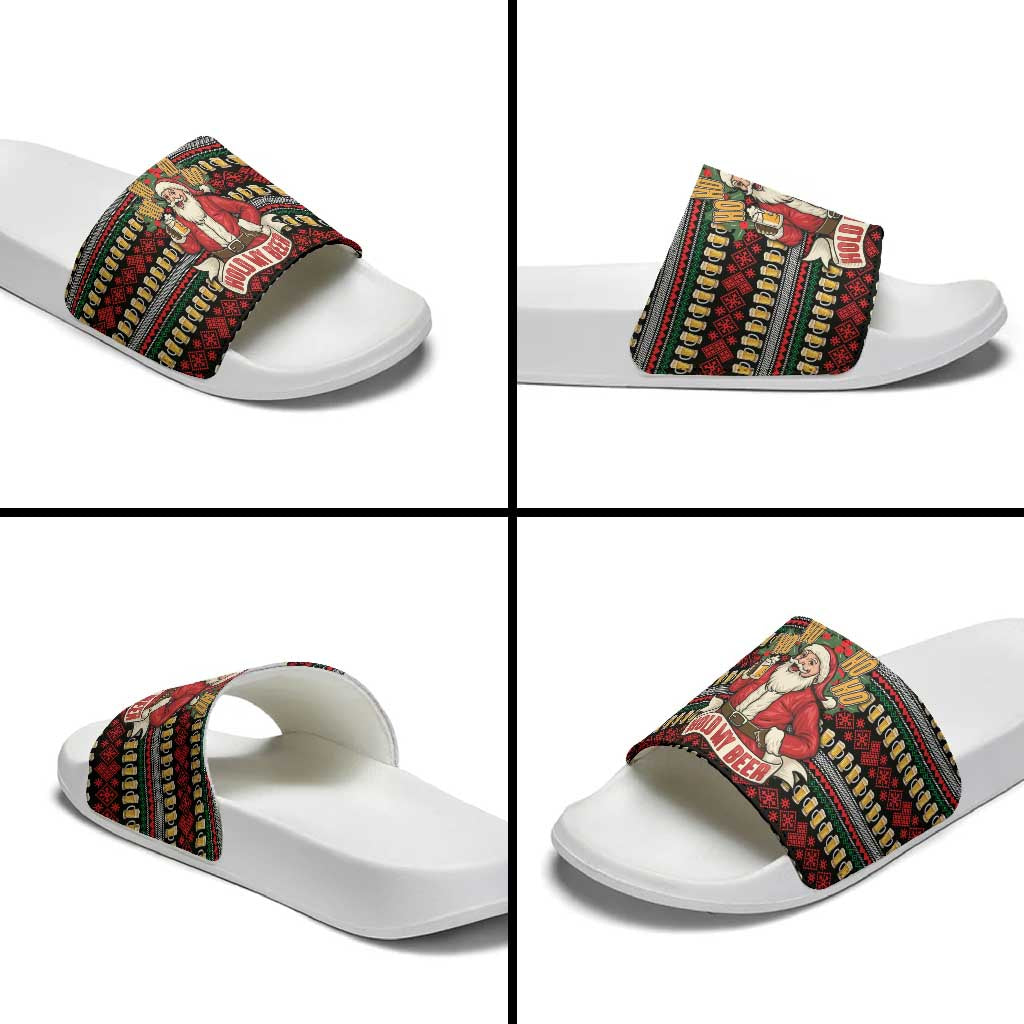 Santa Hold My Beer Christmas Slide Sandals with Beer Mugs and Holiday Pattern - Wonder Print Shop