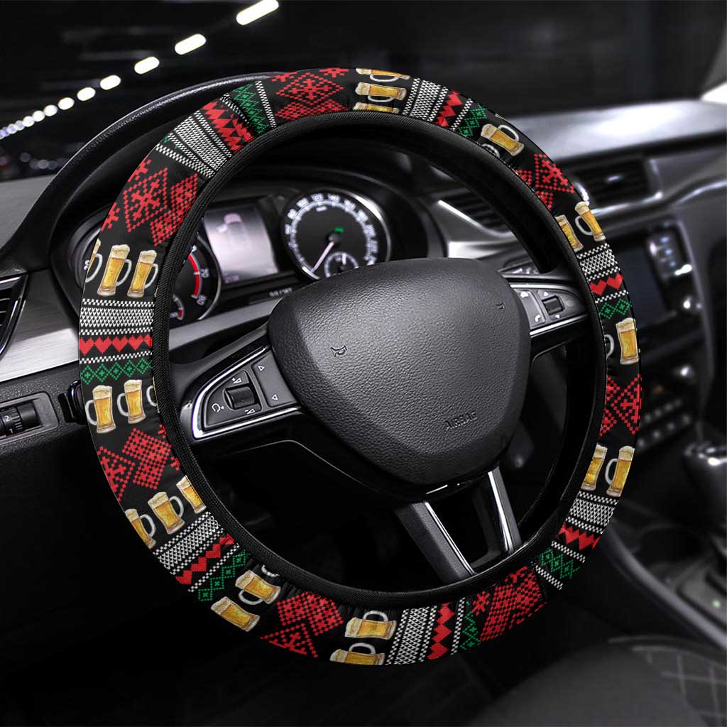Santa Hold My Beer Christmas Steering Wheel Cover with Beer Mugs and Holiday Pattern - Wonder Print Shop