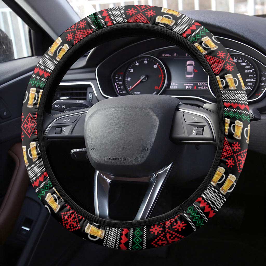 Santa Hold My Beer Christmas Steering Wheel Cover with Beer Mugs and Holiday Pattern - Wonder Print Shop