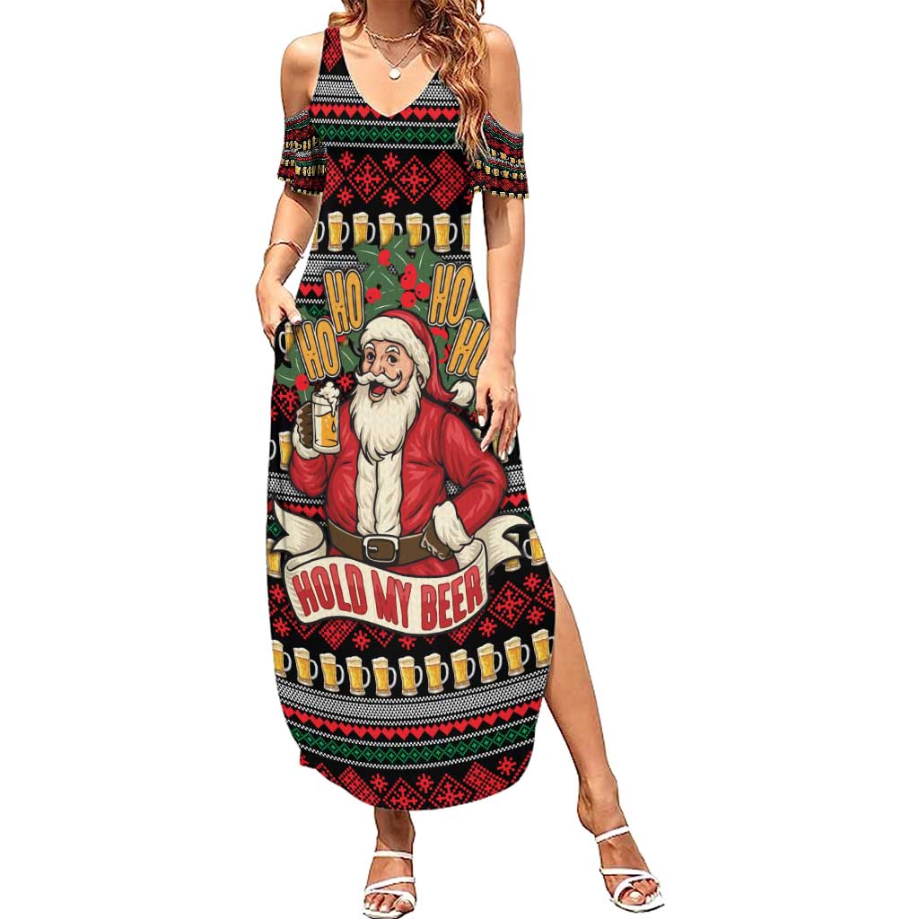 Santa Hold My Beer Christmas Summer Maxi Dress with Beer Mugs and Holiday Pattern - Wonder Print Shop