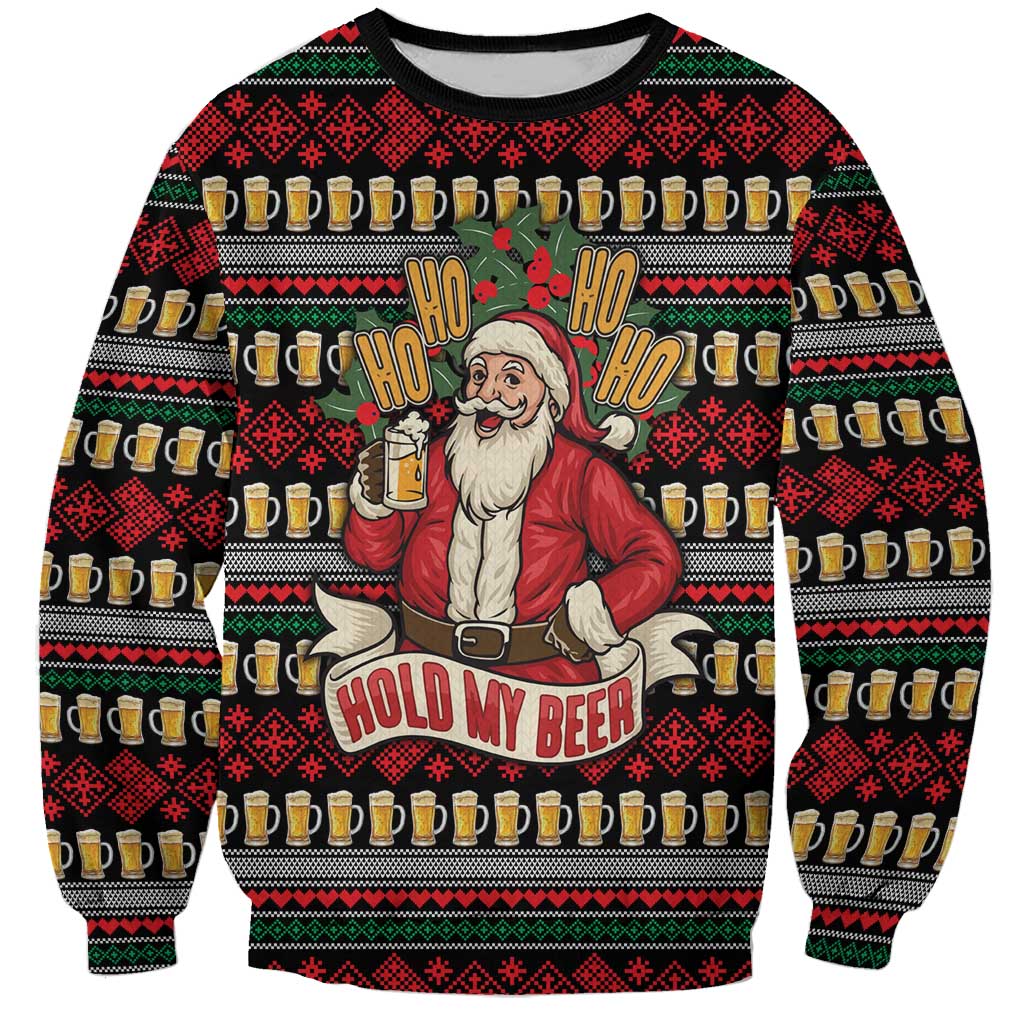 Santa Hold My Beer Christmas Sweatshirt with Beer Mugs and Holiday Pattern - Wonder Print Shop