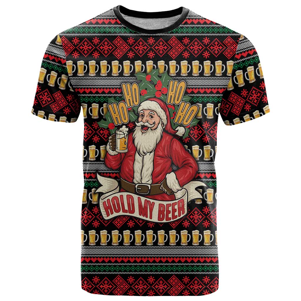 Santa Hold My Beer Christmas T Shirt with Beer Mugs and Holiday Pattern - Wonder Print Shop