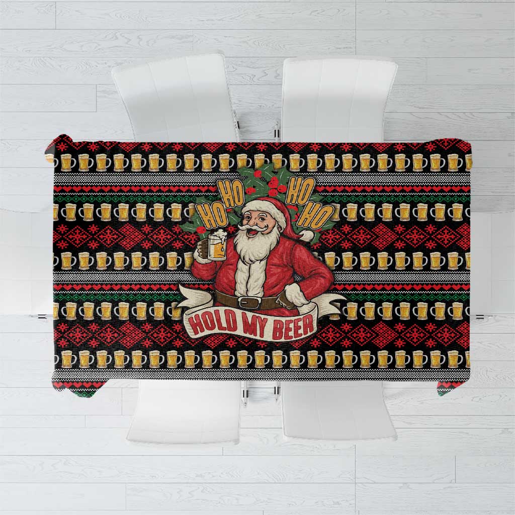 Santa Hold My Beer Christmas Tablecloth with Beer Mugs and Holiday Pattern - Wonder Print Shop