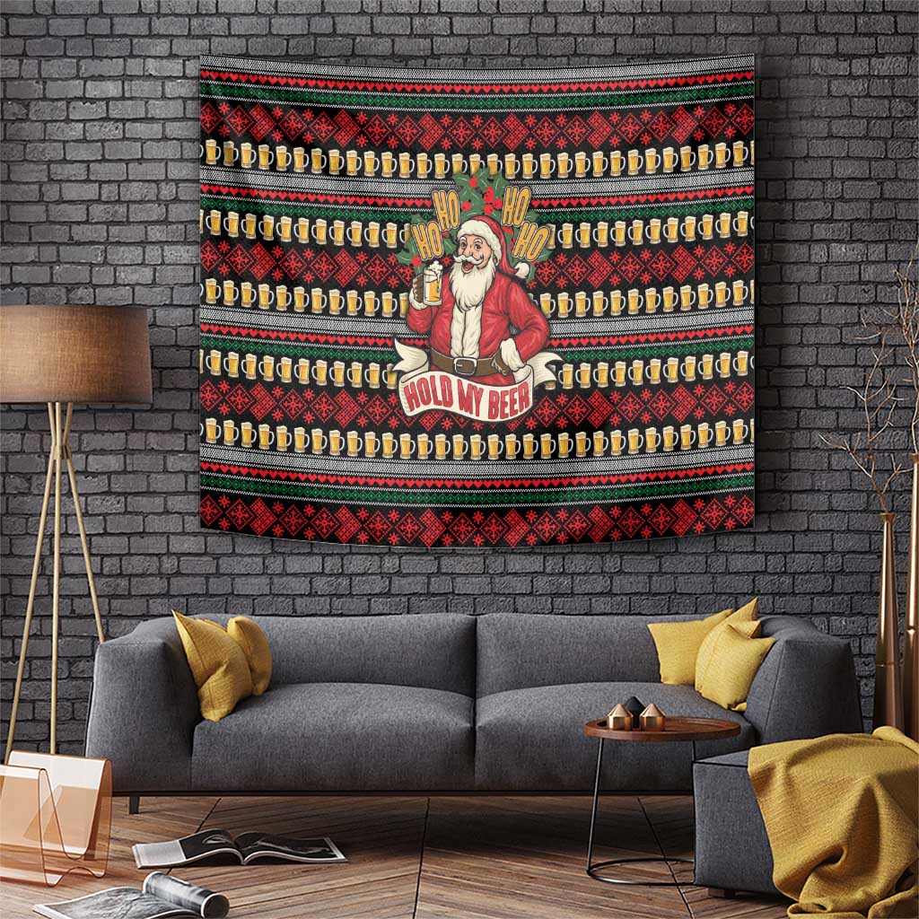 Santa Hold My Beer Christmas Tapestry with Beer Mugs and Holiday Pattern - Wonder Print Shop