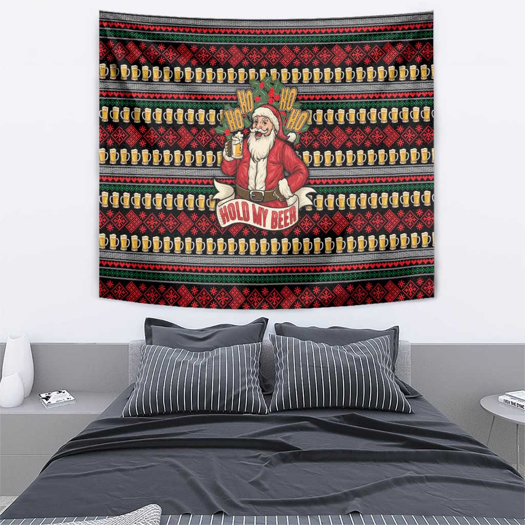 Santa Hold My Beer Christmas Tapestry with Beer Mugs and Holiday Pattern - Wonder Print Shop