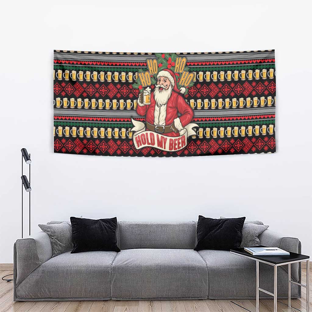 Santa Hold My Beer Christmas Tapestry with Beer Mugs and Holiday Pattern - Wonder Print Shop