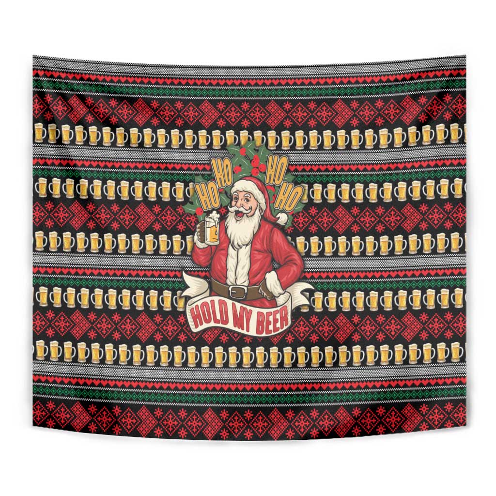Santa Hold My Beer Christmas Tapestry with Beer Mugs and Holiday Pattern - Wonder Print Shop