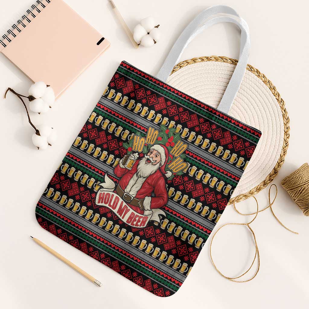Santa Hold My Beer Christmas Tote Bag with Beer Mugs and Holiday Pattern - Wonder Print Shop