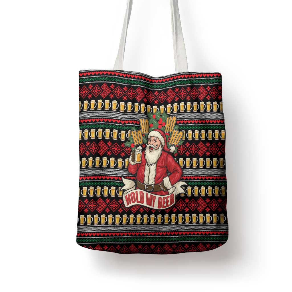 Santa Hold My Beer Christmas Tote Bag with Beer Mugs and Holiday Pattern - Wonder Print Shop