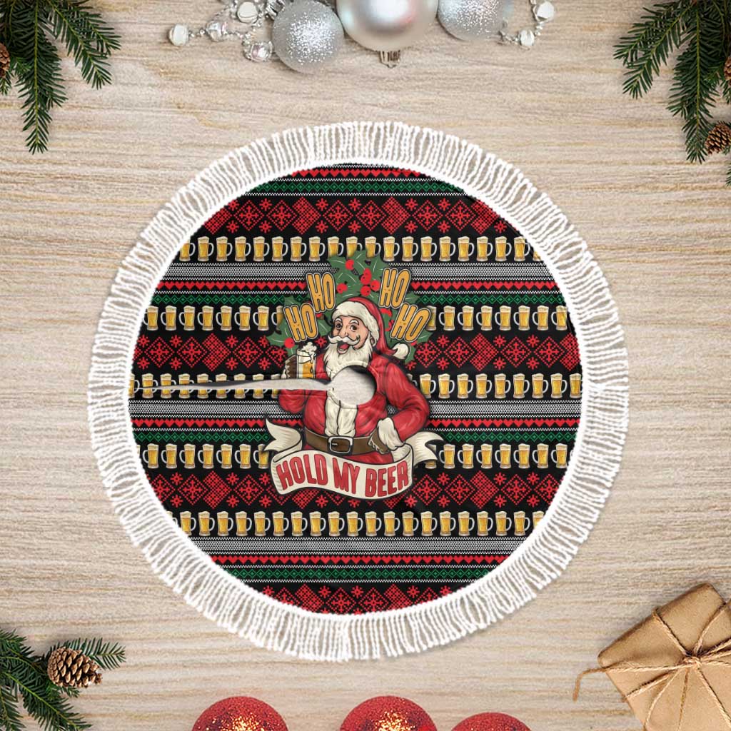 Santa Hold My Beer Christmas Tree Skirt with Beer Mugs and Holiday Pattern - Wonder Print Shop