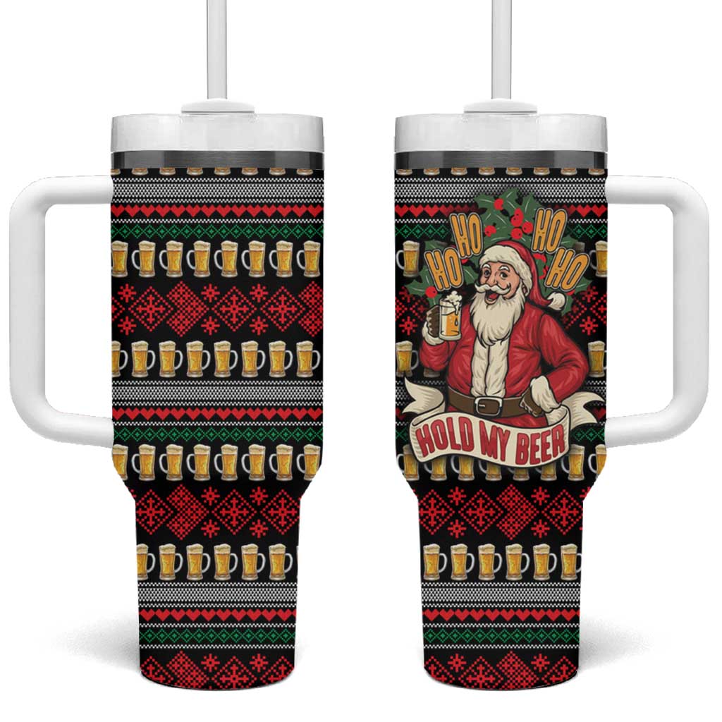 Santa Hold My Beer Christmas Tumbler With Handle with Beer Mugs and Holiday Pattern - Wonder Print Shop