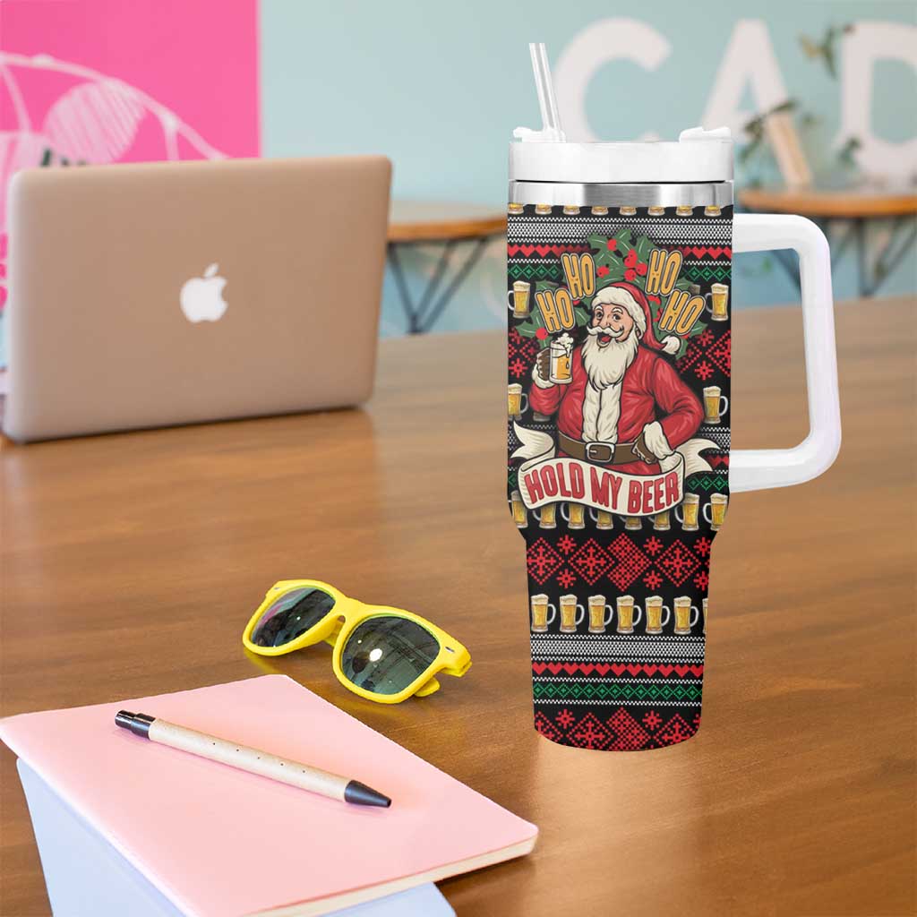 Santa Hold My Beer Christmas Tumbler With Handle with Beer Mugs and Holiday Pattern - Wonder Print Shop