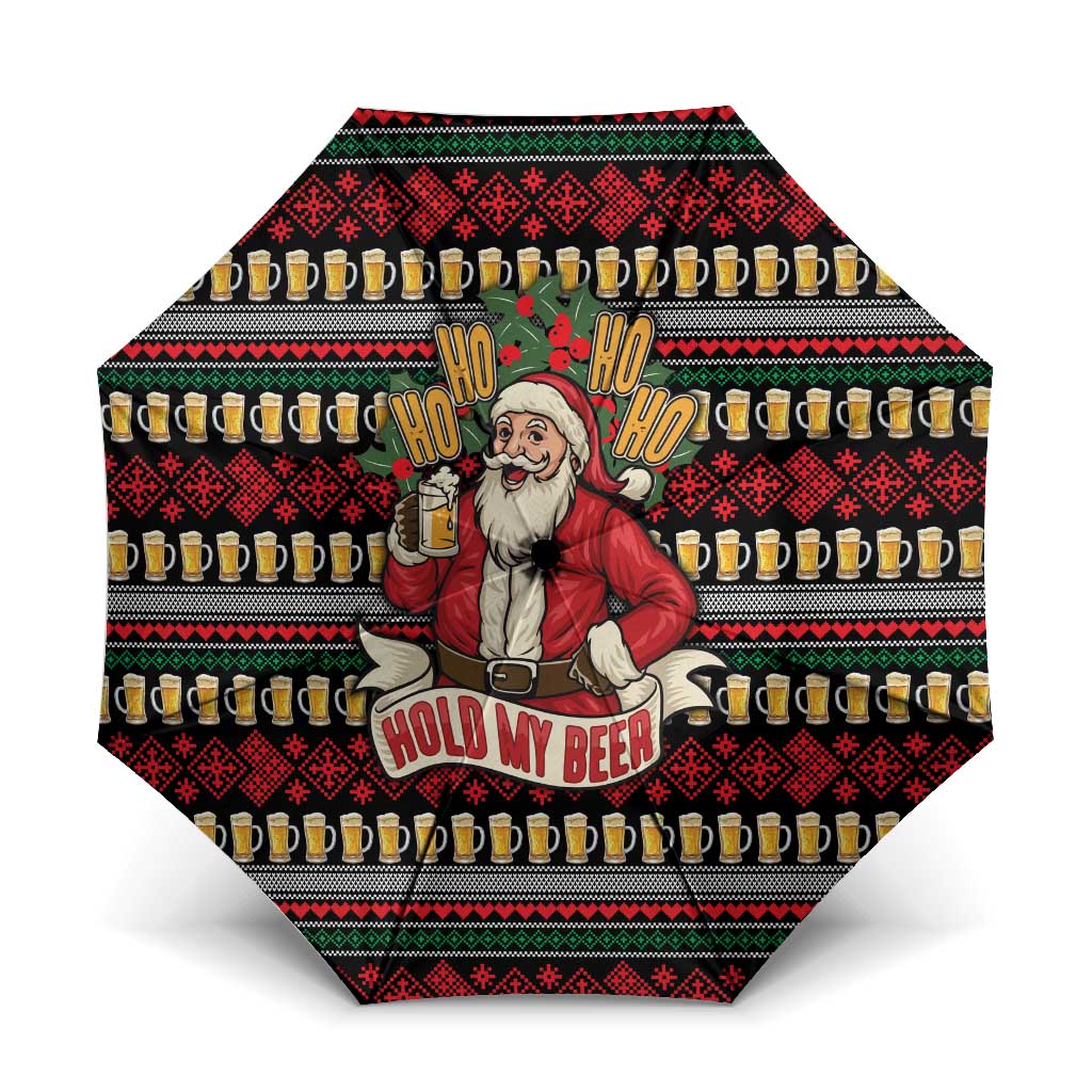 Santa Hold My Beer Christmas Umbrella with Beer Mugs and Holiday Pattern - Wonder Print Shop