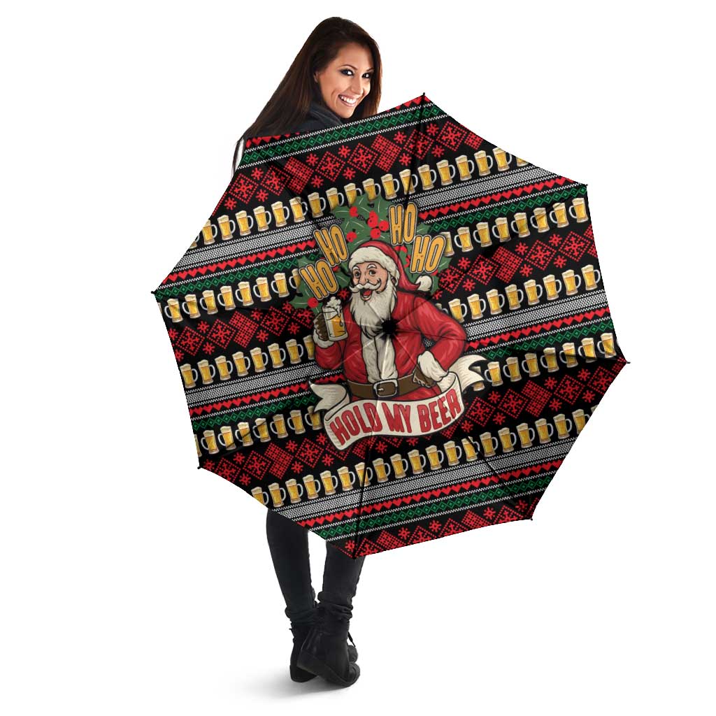 Santa Hold My Beer Christmas Umbrella with Beer Mugs and Holiday Pattern - Wonder Print Shop