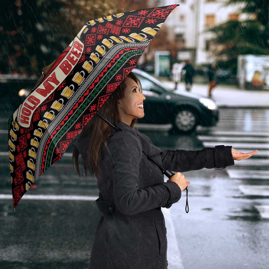 Santa Hold My Beer Christmas Umbrella with Beer Mugs and Holiday Pattern - Wonder Print Shop
