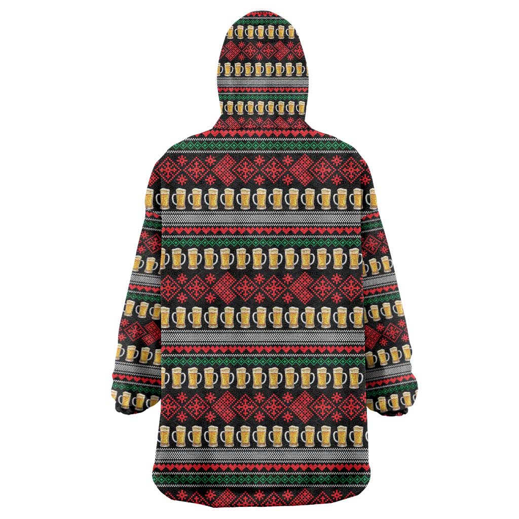 Santa Hold My Beer Christmas Wearable Blanket Hoodie with Beer Mugs and Holiday Pattern - Wonder Print Shop