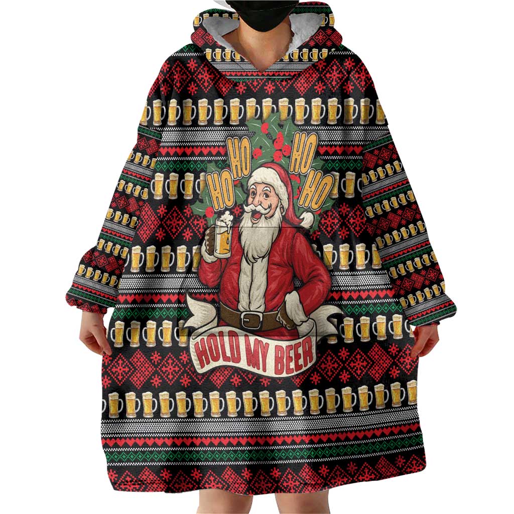 Santa Hold My Beer Christmas Wearable Blanket Hoodie with Beer Mugs and Holiday Pattern - Wonder Print Shop