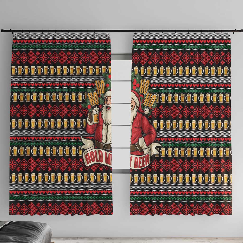 Santa Hold My Beer Christmas Window Curtain with Beer Mugs and Holiday Pattern - Wonder Print Shop
