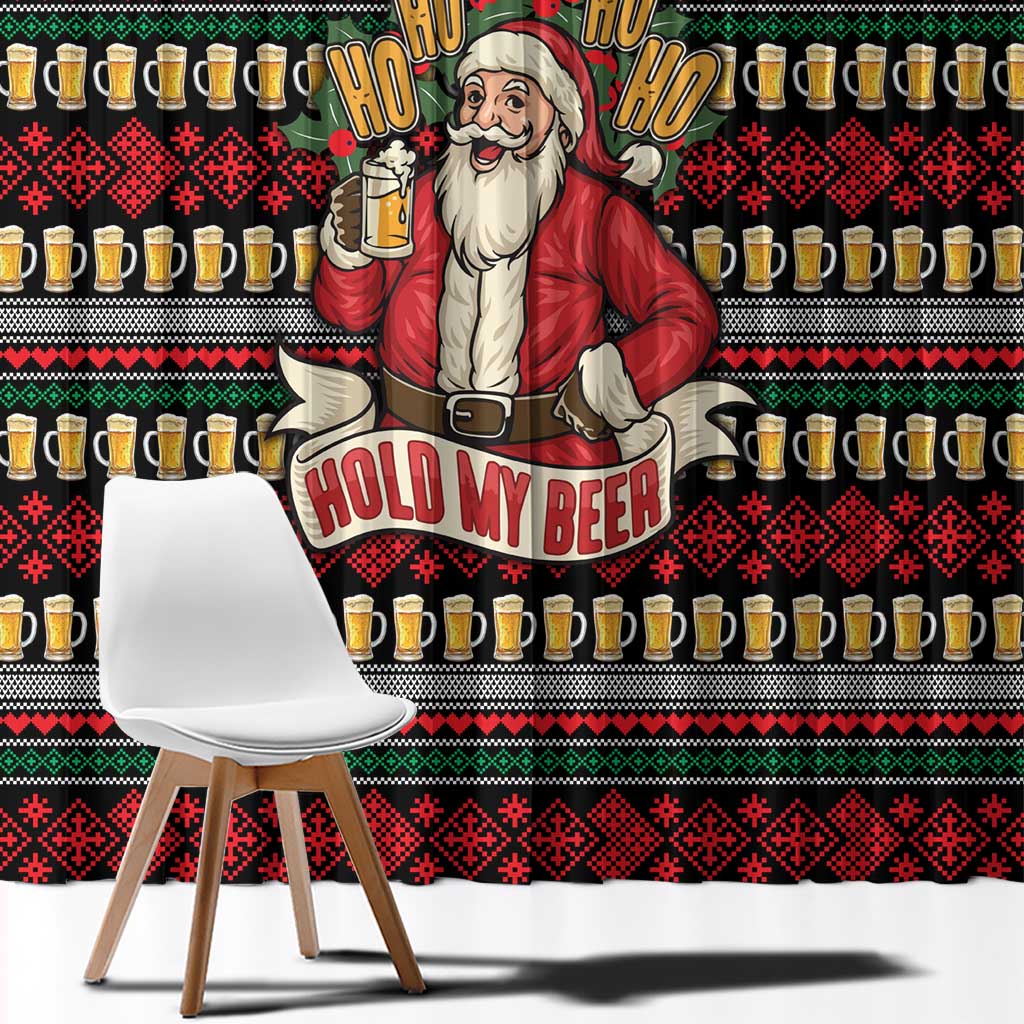 Santa Hold My Beer Christmas Window Curtain with Beer Mugs and Holiday Pattern - Wonder Print Shop