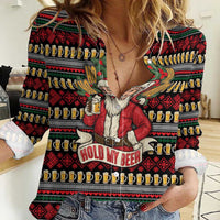 Santa Hold My Beer Christmas Women Casual Shirt with Beer Mugs and Holiday Pattern - Wonder Print Shop