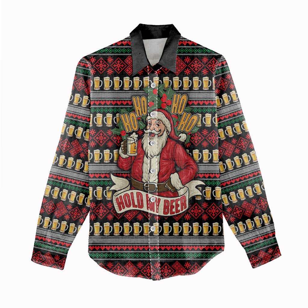 Santa Hold My Beer Christmas Women Casual Shirt with Beer Mugs and Holiday Pattern - Wonder Print Shop