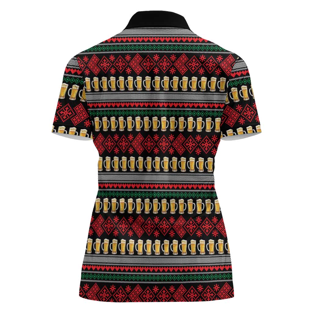 Santa Hold My Beer Christmas Women Polo Shirt with Beer Mugs and Holiday Pattern - Wonder Print Shop
