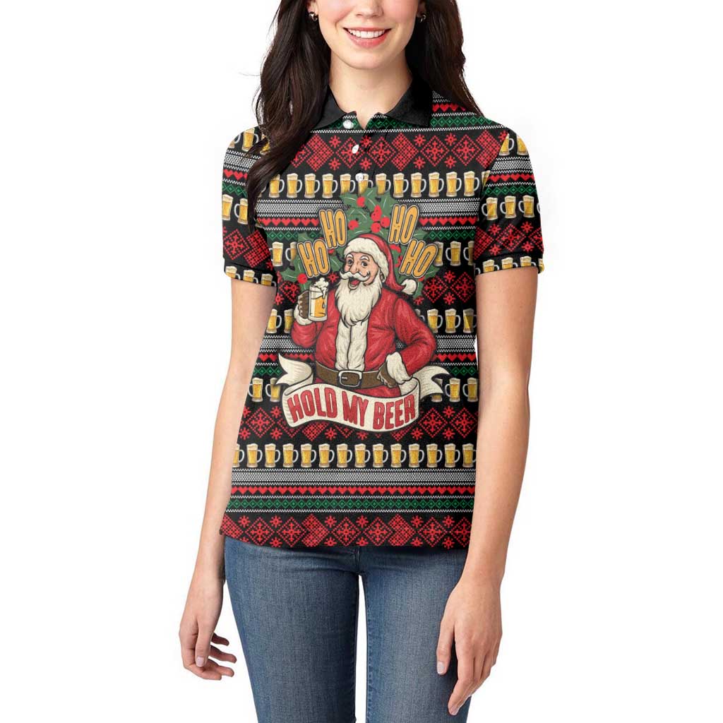 Santa Hold My Beer Christmas Women Polo Shirt with Beer Mugs and Holiday Pattern - Wonder Print Shop