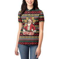 Santa Hold My Beer Christmas Women Polo Shirt with Beer Mugs and Holiday Pattern - Wonder Print Shop