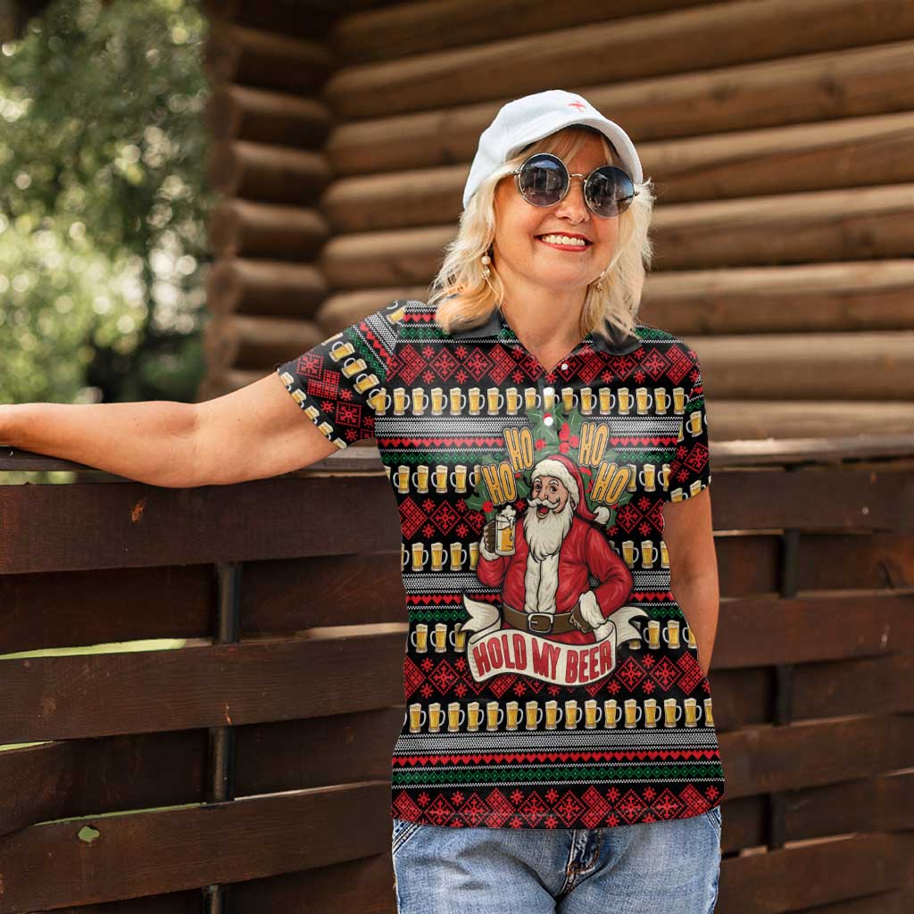 Santa Hold My Beer Christmas Women Polo Shirt with Beer Mugs and Holiday Pattern - Wonder Print Shop