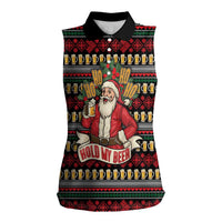 Santa Hold My Beer Christmas Women Sleeveless Polo Shirt with Beer Mugs and Holiday Pattern - Wonder Print Shop