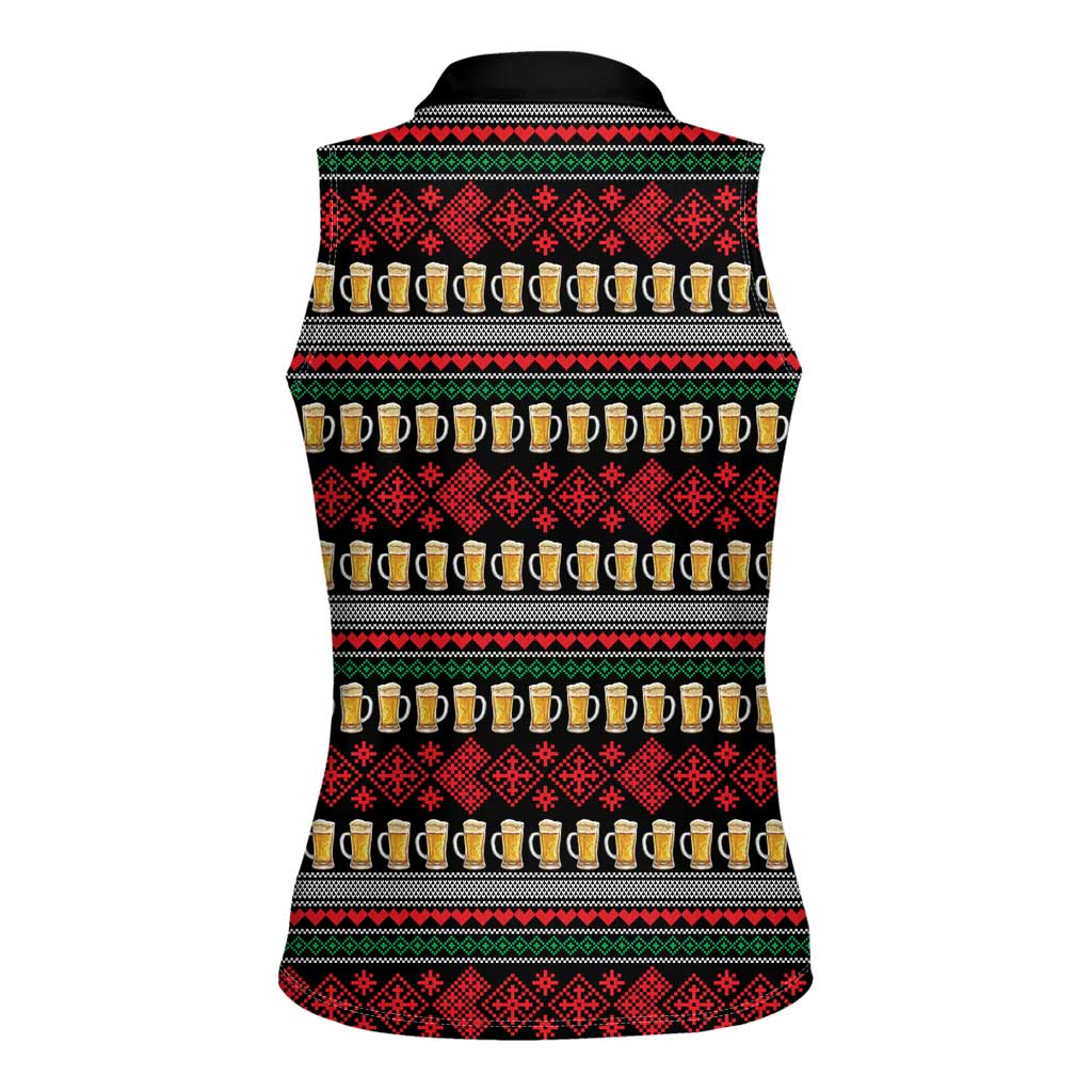 Santa Hold My Beer Christmas Women Sleeveless Polo Shirt with Beer Mugs and Holiday Pattern - Wonder Print Shop