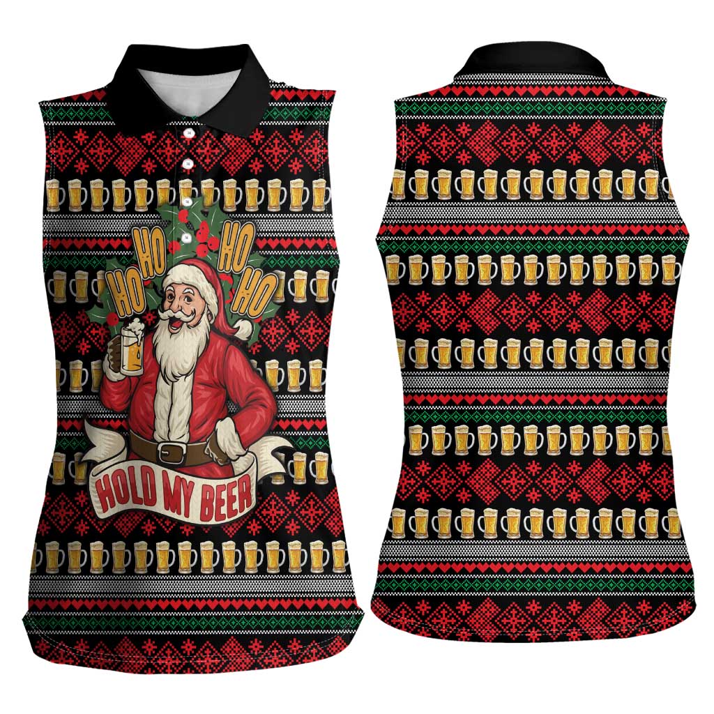 Santa Hold My Beer Christmas Women Sleeveless Polo Shirt with Beer Mugs and Holiday Pattern - Wonder Print Shop