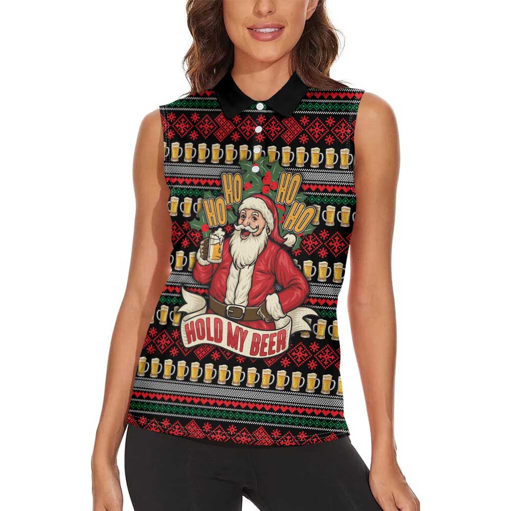 Santa Hold My Beer Christmas Women Sleeveless Polo Shirt with Beer Mugs and Holiday Pattern - Wonder Print Shop