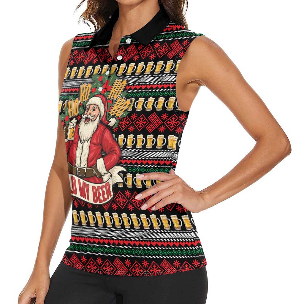 Santa Hold My Beer Christmas Women Sleeveless Polo Shirt with Beer Mugs and Holiday Pattern - Wonder Print Shop