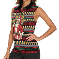 Santa Hold My Beer Christmas Women Sleeveless Polo Shirt with Beer Mugs and Holiday Pattern - Wonder Print Shop