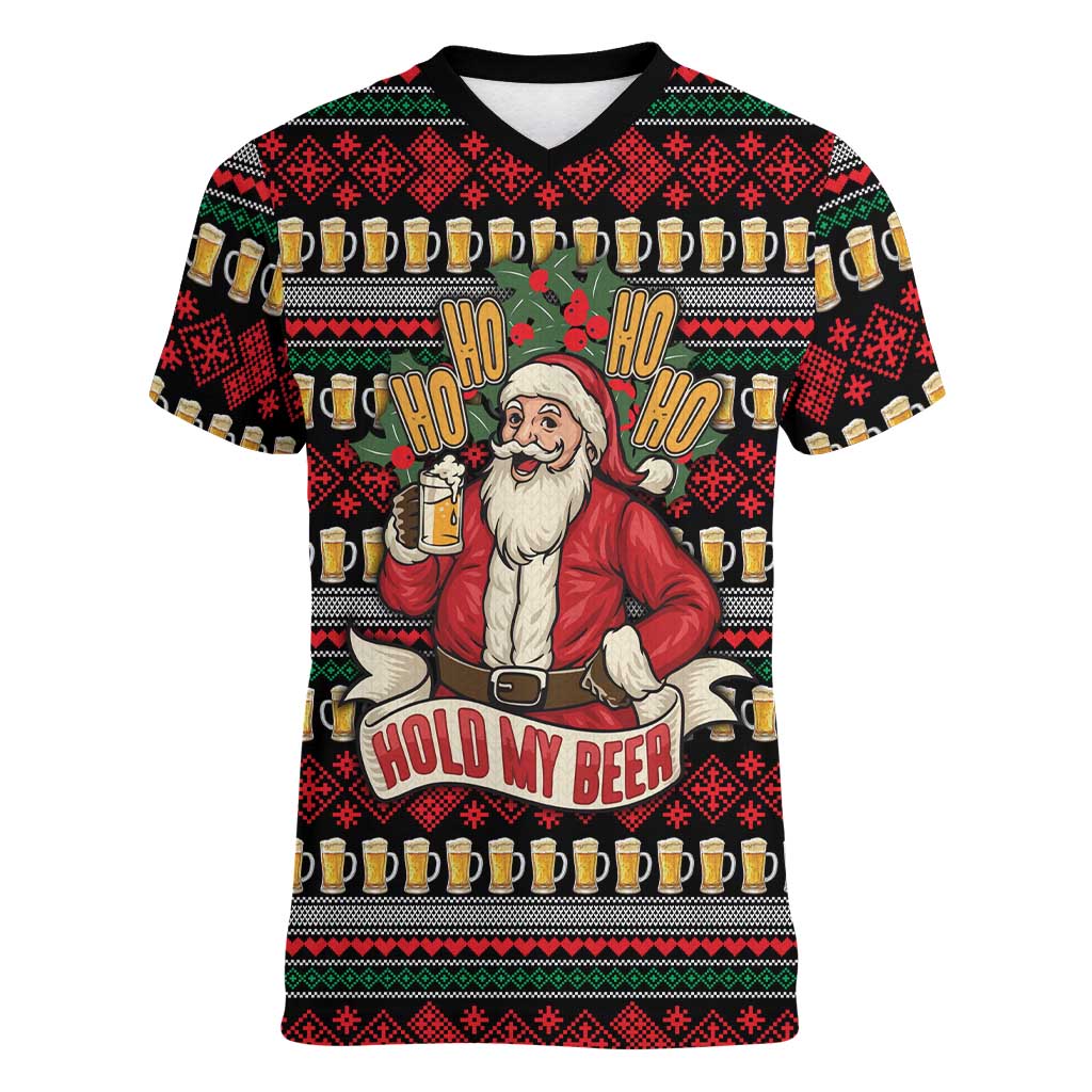 Santa Hold My Beer Christmas Women V-Neck T-Shirt with Beer Mugs and Holiday Pattern - Wonder Print Shop