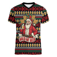 Santa Hold My Beer Christmas Women V-Neck T-Shirt with Beer Mugs and Holiday Pattern - Wonder Print Shop