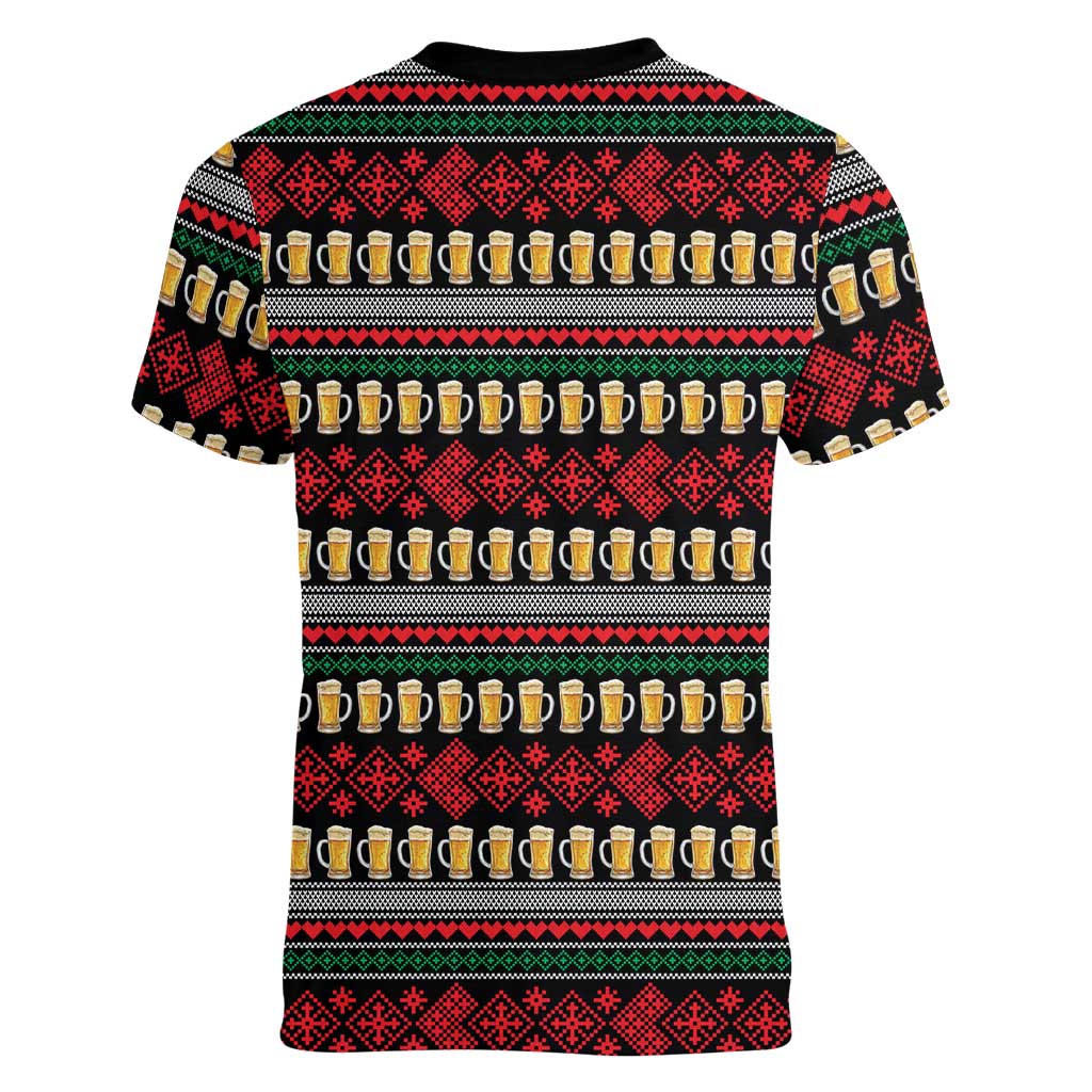 Santa Hold My Beer Christmas Women V-Neck T-Shirt with Beer Mugs and Holiday Pattern - Wonder Print Shop