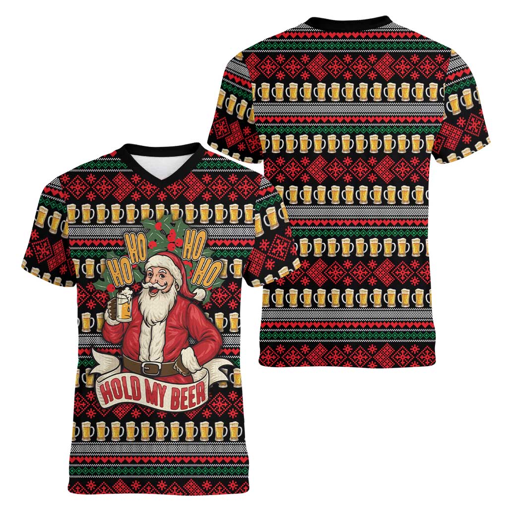 Santa Hold My Beer Christmas Women V-Neck T-Shirt with Beer Mugs and Holiday Pattern - Wonder Print Shop